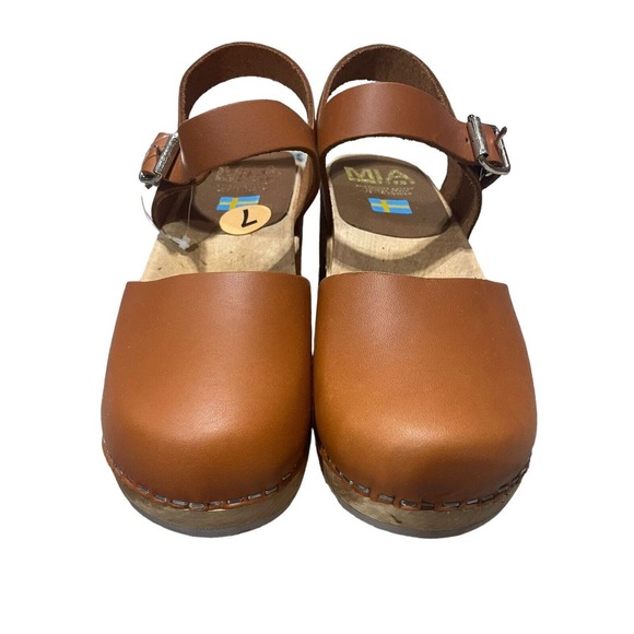 MIA Shoes - MIA Sofia Women Clogs Size 37 Brown Swedish Leather Round Toe Buckle Block Heel